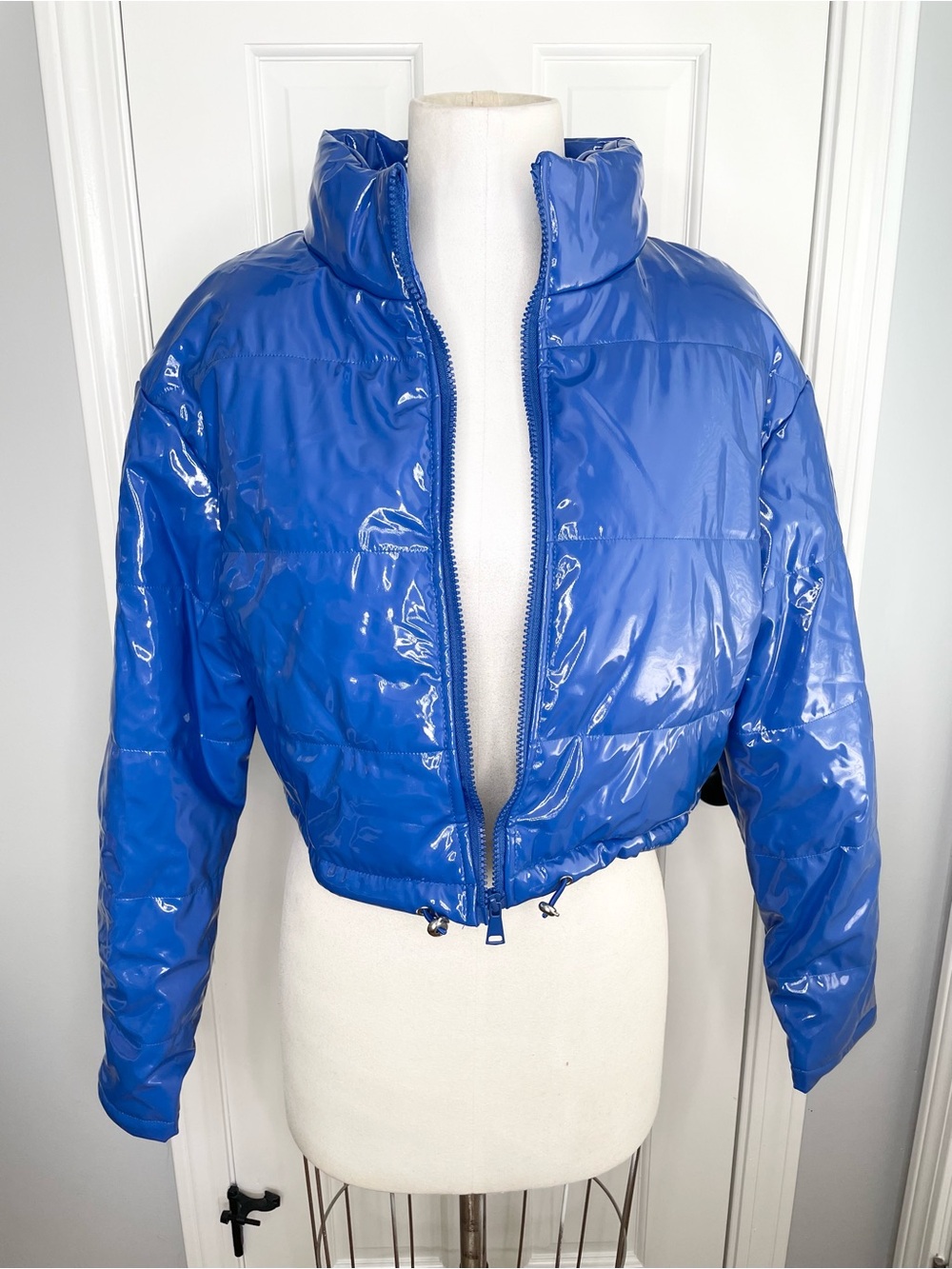 Faux leather , pleather Blue Cropped Puffer Jacket - Women Jackets & Coats